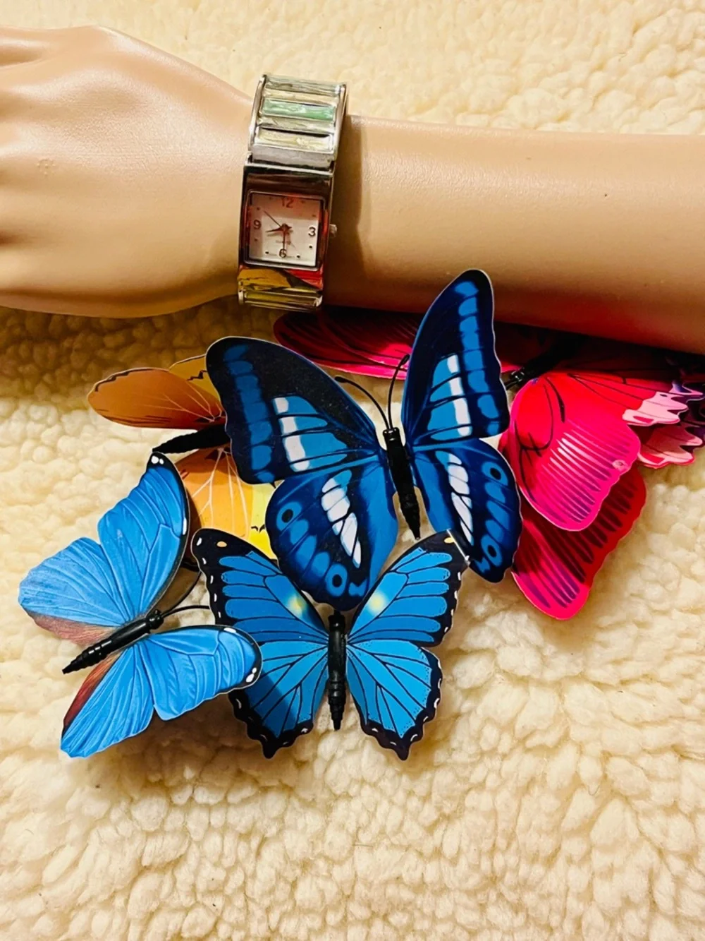 Silver Tone Women's Square Dial Watch with Blue Butterfly Accent